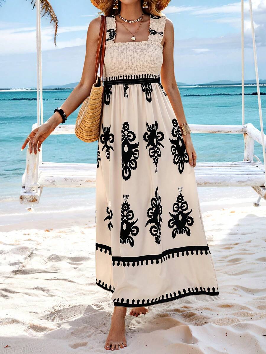Womens Casual Sleeveless Square Neck Floral Aline Smocked Dresses with Pockets